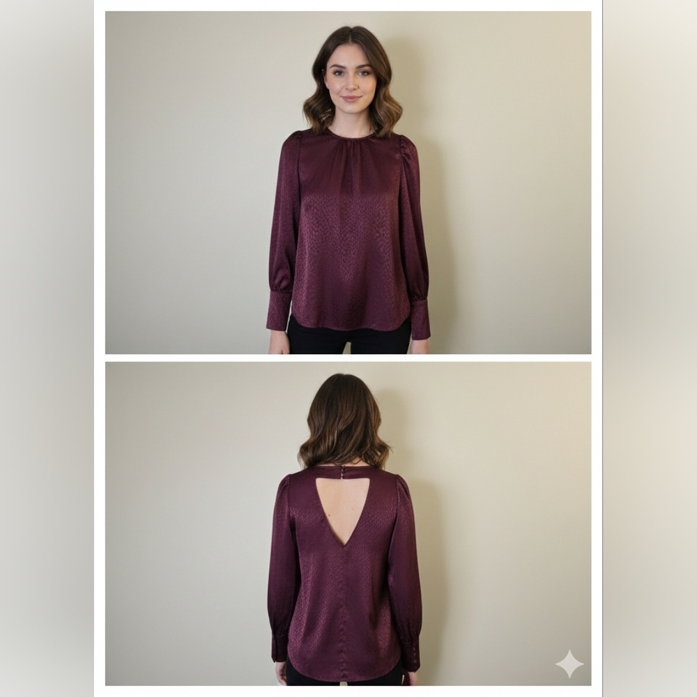 RW&CO Burgundy Satin Jacquard Blouse Size Medium